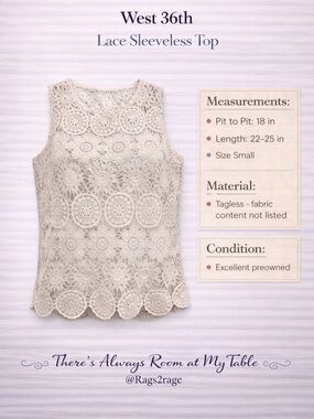 West 36th Lace Sleeveless Top Sheer Crochet Floral Small